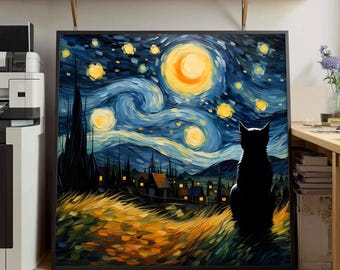 Stampa su tela con gatto nella notte stellata, stravagante opera d'arte murale con gatto nero e cielo notturno, stile artistico ispirato a Van Gogh, scena notturna magica, regalo d'arte