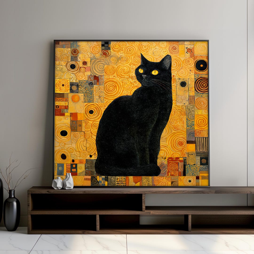 Black Cat Canvas Painting, Gustav Klimt Style Wall Art, Cat Art Print ...