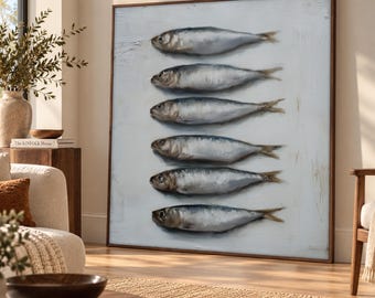 Vintage Sardine Fish Painting, Six Silver Fish Canvas Print, Coastal Kitchen Wall Art, Minimalist Seafood Artwork, Dining Room Decor Gift