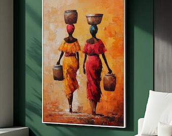 African Women Canvas Print, Colorful Village Life Wall Art, Traditional Dress Art, Afrocentric Home Decor, Ethnic Artwork, Perfect Gift