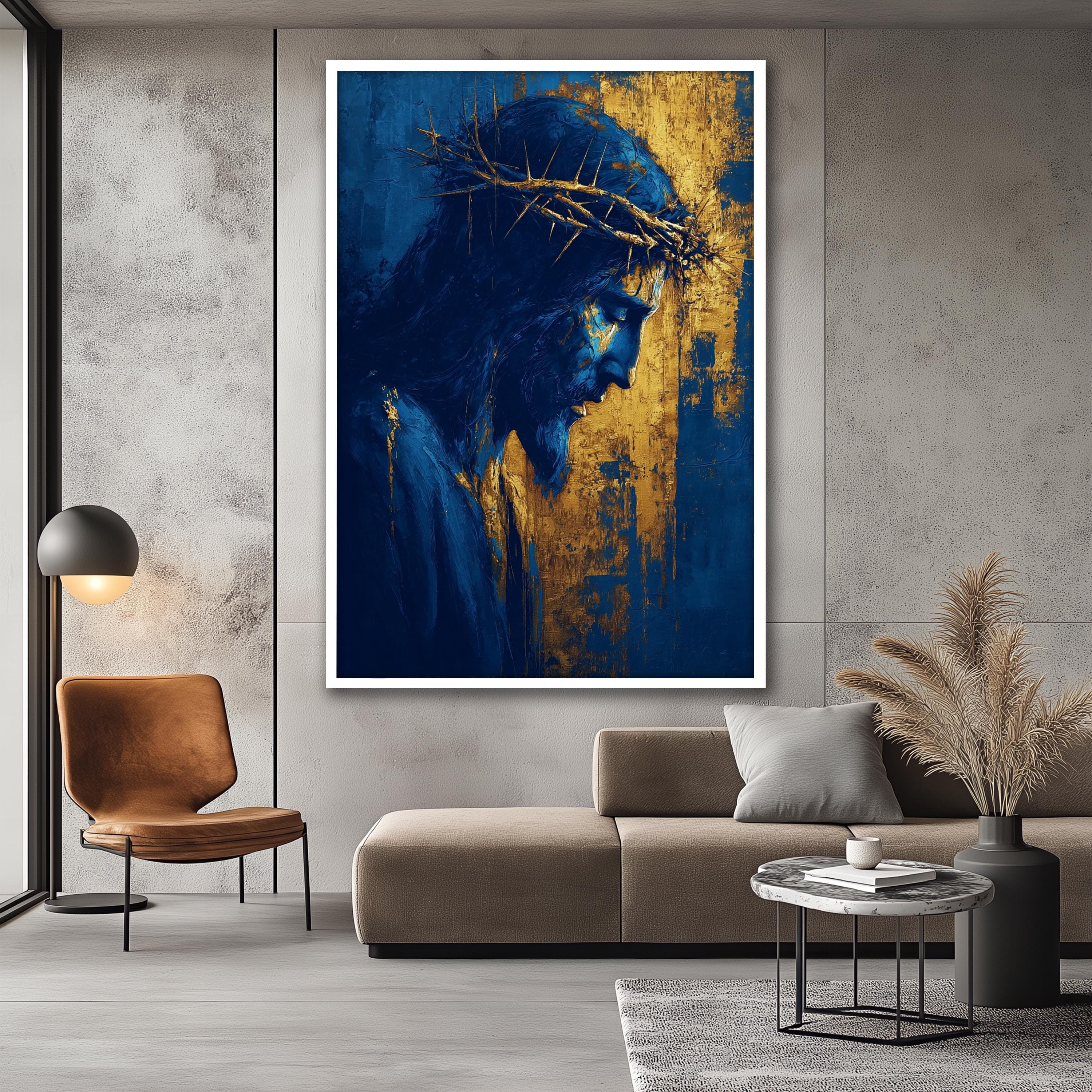 Jesus Crown of Thorns Canvas Painting, Blue and Gold Religious Wall Art ...