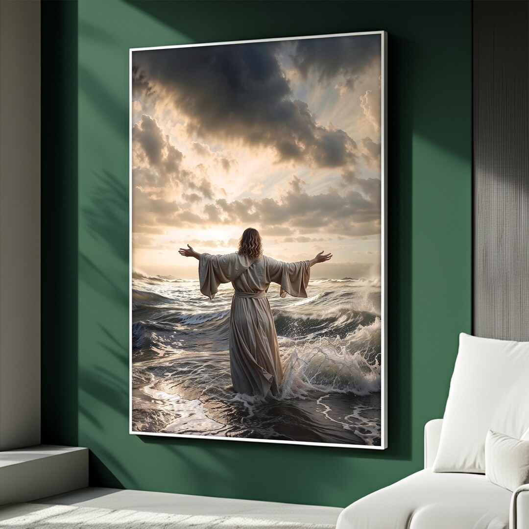 Jesus Walking on Water Canvas Painting, Ocean Miracle Wall Art With ...