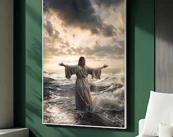 May include: A framed art print depicts a figure standing in ocean waves with arms outstretched, facing a dramatic sky. The person wears a long, flowing robe. The artwork is set against a backdrop of a stormy sky with sun rays breaking through the clouds.