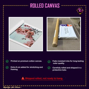 May include: Rolled canvas print featuring pink cherry blossoms on a light blue background. The canvas is printed on premium cotton, with extra 8 cm for stretching and framing. It is carefully rolled and shipped in a protective tube.