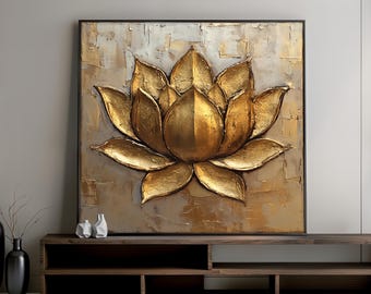 Dipinto su tela raffigurante il loto dorato, lussuosa opera d'arte floreale da parete per soggiorno, moderno arredamento zen per la casa, opera d'arte sacra raffigurante il loto, elegante regalo spirituale.