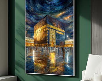 Kaaba Canvas Painting with Night Sky Reflections, Islamic Wall Art of Mecca, Spiritual Muslim Decor for Home, Perfect Gift