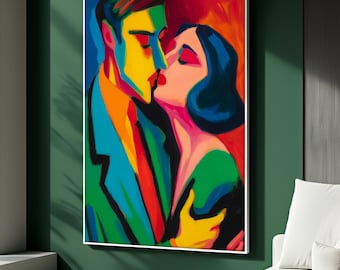 Abstract Couple Kiss Canvas Painting, Vibrant Pop Art Wall Decor, Modern Love Expression Artwork, Colorful Romantic Art Decor, Art Gift