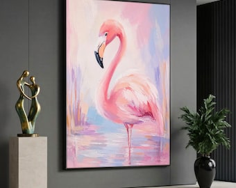 Pink Flamingo Canvas Wall Art, Pastel Bird Print, Tropical Animal Painting, Soft Pink Bathroom Decor, Nursery Artwork, Unique Bird Gift