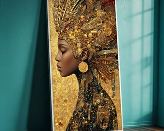 May include: A framed art print featuring a profile of a person adorned with an elaborate gold headdress and jewelry. The artwork is rich in detail, with a predominantly gold and black color palette, creating a regal and ornate aesthetic.