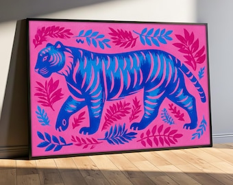 Färgglad canvastavla med tiger, djärv blå tigerväggkonst med rosa djungelv, modernt djurtryck för barnrum eller kontor, presentidé