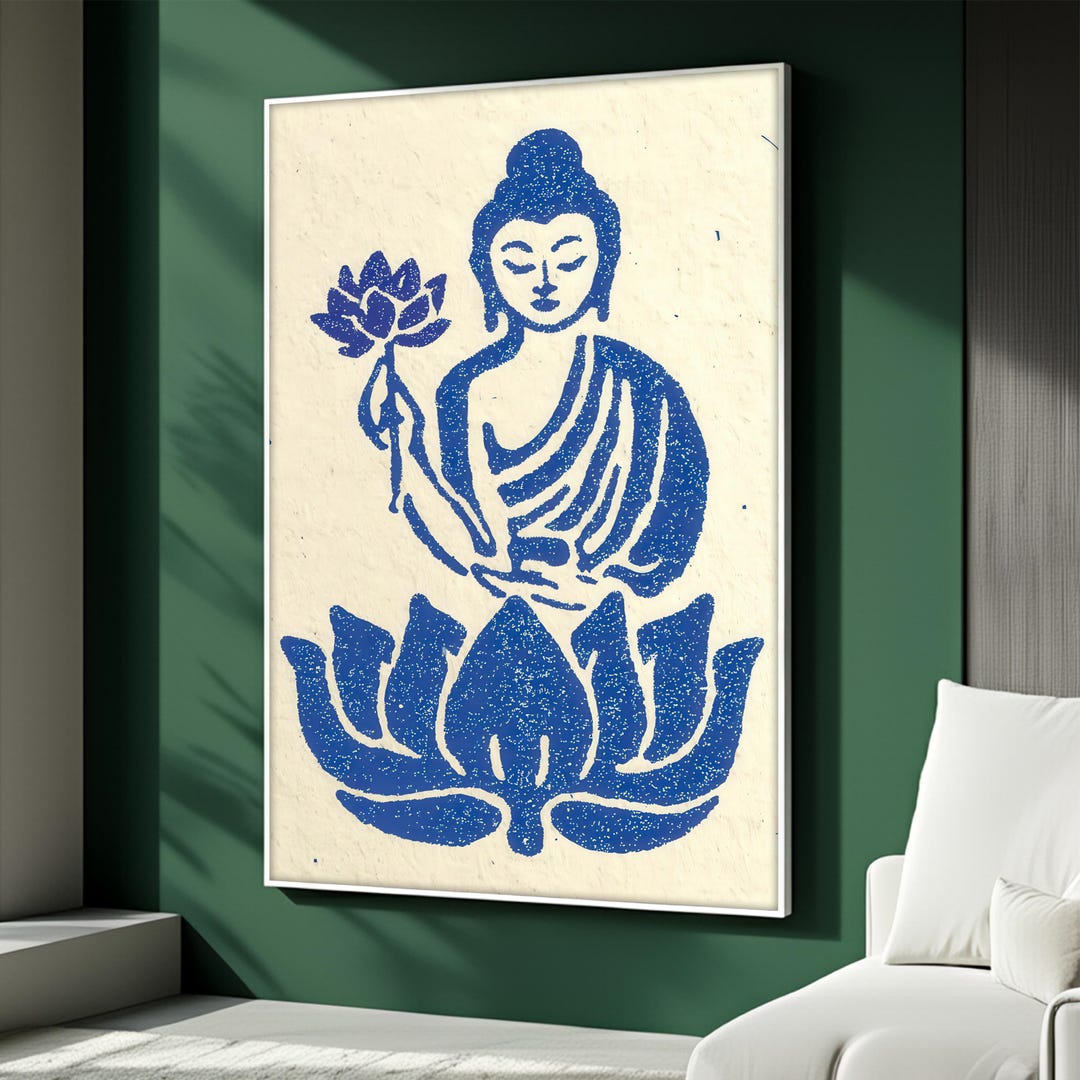 Blue Buddha Canvas Painting With Lotus Flower, Minimal Zen Wall Art for ...