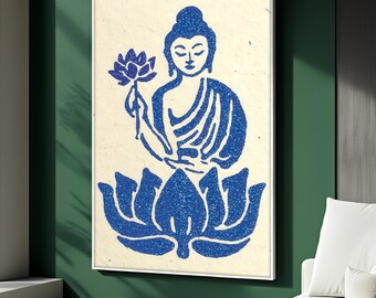 May include: A framed print featuring a blue illustration of Buddha seated on a lotus flower, holding a lotus flower. The artwork is set against a cream-colored background and framed in white.