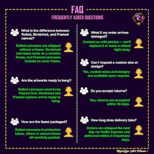 May include: A purple graphic with the text "FAQ FREQUENTLY ASKED QUESTIONS" and answers about canvas types, damaged orders, custom sizes, returns, packaging, and delivery times. The Red Line Art House logo is at the bottom.
