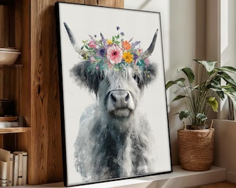 Bloemen Highland Cow-muurdecoratie, moderne boerderijkunstprint met kleurrijke bloemen, interieur, mooi huisaccent, uniek cadeau