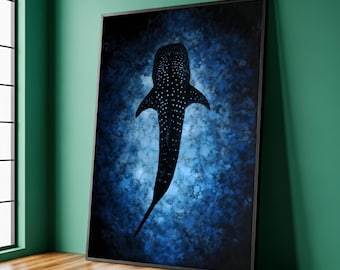 Walvishaai muurkunst print, diepe oceaan canvas schilderij, decor donkerblauw zeeleven, marine wildlife artwork, kusthuisaccent, kunstcadeau