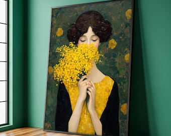 Vintage Girl Canvas Print, Yellow Flowers Woman Wall Art, Romantic Female Portrait Print, Dark Green Background Artwork, Perfect Gift Idea