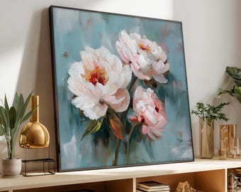Lámina de peonía floral, decoración floral moderna con suaves tonos pastel, pintura botánica para sala de estar, decoración de interiores, regalo de arte floral.