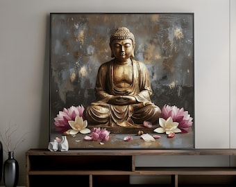 Golden Buddha Canvas Painting, Zen Meditation Wall Art with Lotus Flowers, Spiritual Home Decor, Ready to Hang, Tranquil Gift for Yoga Room