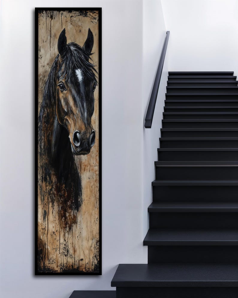 May include: Vertical framed artwork depicting a horse's head. The horse has a dark brown coat and a white marking on its forehead. The background has a textured, neutral colour palette with dark accents.