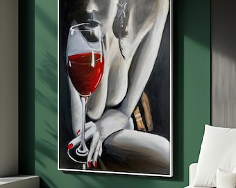 Frau mit Weinglas Leinwand Kunst, sinnliche Schwarz-Weiß-Wandkunst, Rotwein ästhetisches Dekor, Raumdekor, minimalistisches Kunstwerk, einzigartiges Geschenk