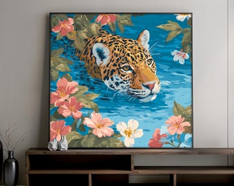 Jaguar Canvas Painting, Tropical Wall Art with Flowers, Jungle Animal Home Decor, Big Cat Art Print, Colorful Nature Wall Hanging, Art Gift