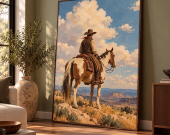 Western Cowboy Horseback Painting, Desert Ranch Canvas Print, Vintage Frontier Wall Art, Rustic Equestrian Artwork, Horse Lover Gift