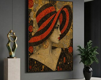 May include: A large rectangular wall art print featuring a profile portrait of a person wearing a wide-brimmed hat with red and black spiral patterns. The background and clothing are decorated with intricate gold and black circular motifs.