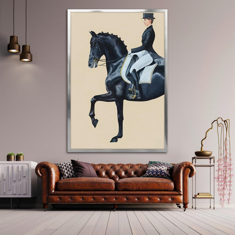 May include: Framed equestrian art print featuring a black horse in a dressage pose with a rider in formal attire. The artwork is set against a neutral background and framed in silver. The overall theme is equestrian and classic.