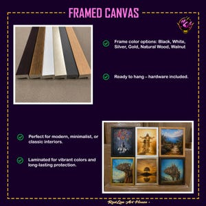May include: A framed canvas product display featuring six distinct art prints in various frame colors including black, white, silver, gold, natural wood, and walnut. The text reads Framed Canvas, Frame color options, and Ready to hang.