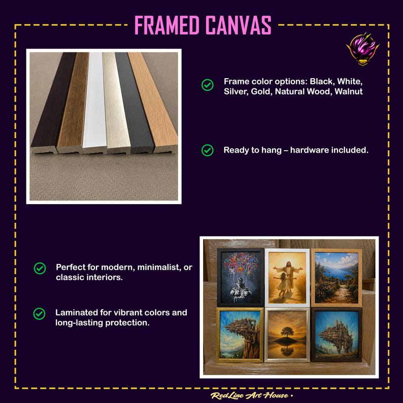 May include: A framed canvas product display featuring six distinct art prints in various frame colors including black, white, silver, gold, natural wood, and walnut. The text reads Framed Canvas, Frame color options, and Ready to hang.