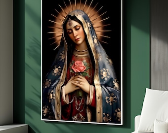 May include: A framed religious artwork depicting a woman in a blue and gold robe, holding a pink rose. The artwork has a gold halo and is set against a black background. The woman's attire is detailed with gold accents.