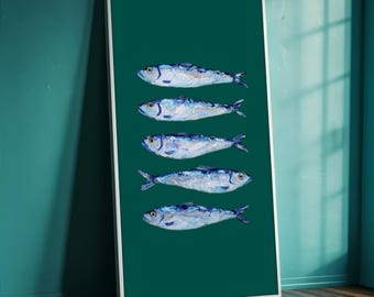 Colorful Sardine Canvas Painting, Coastal Kitchen Wall Art with Blue Fish on Green Background, Fun Nautical Wall Decor, Art Gift Idea