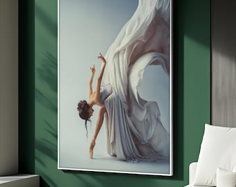 May include: A framed art print featuring a ballerina in a flowing white dress, captured mid-dance. The dancer is on pointe, with arms gracefully extended. The background is a soft gradient of blue and white, creating a serene atmosphere.
