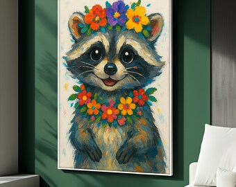 May include: A framed painting of a smiling raccoon wearing a floral crown and a floral lei. The raccoon has blue and gray fur, large eyes, and a pink mouth. The flowers are in shades of orange, yellow, purple, and red.