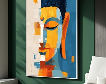 May include: Abstract painting of a Buddha's face. The artwork features a color palette of yellow, orange, blue, and white. The Buddha's face is depicted with closed eyes and a serene expression. The painting is framed in a white border.
