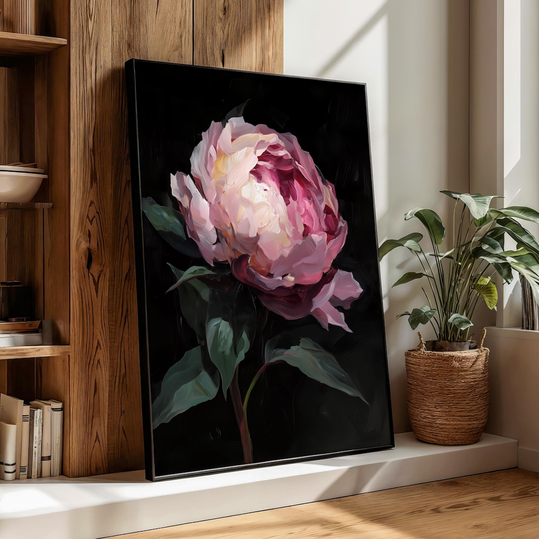 Dark Floral Canvas Painting With Peony Flower, Moody Botanical Wall Art ...