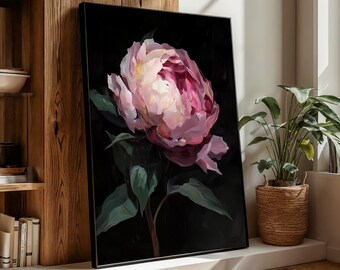 Dark Floral Canvas Painting with Peony Flower, Moody Botanical Wall Art for Bedroom or Living Room, Romantic Rose Toned Print, Art Gift
