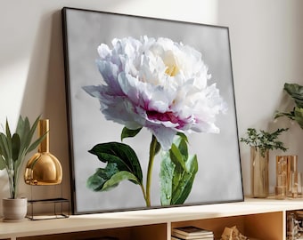 Impresión en lienzo de peonía blanca, decoración floral moderna de pared con un estilo minimalista y suave, obra de arte floral botánica para el hogar, lista para colgar, regalo artístico.