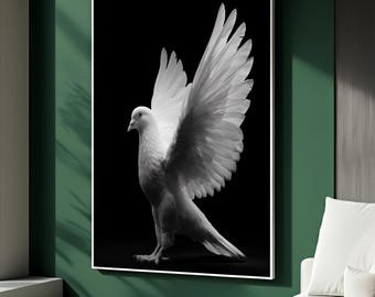 May include: Black and white framed artwork featuring a white dove with outstretched wings. The bird is centered against a black background, with its wings fully displayed. The artwork is mounted on a green wall.