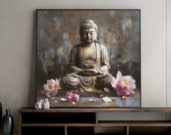 Golden Buddha Canvas Painting, Zen Wall Art with Lotus Flowers, Serene Buddhist Artwork, Peaceful Meditation Decor, Spiritual Gift Idea