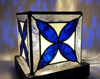 Blue, White & Clear Stained Glass Cube Mini Lamp