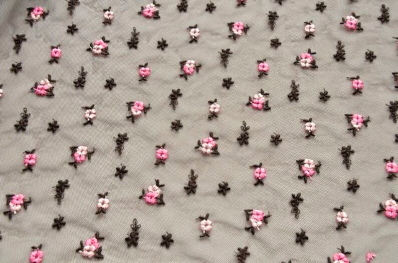 Brown Rose Embroidered Stretch Tulle Fabric Brown Pink Floral Tulle