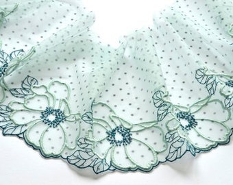 Mint Green Stretch Lace Trim, Mint and Black Polka Dot Lace, Aqua Floral Trim, Lingerie, Girls Dresses, Dolls, Vintage Style Trim