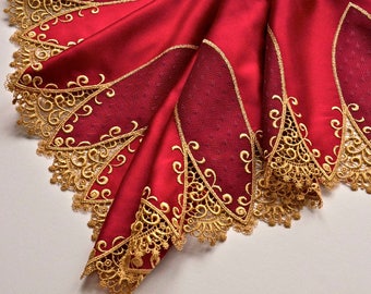 Red and Gold Satin Trim, Holiday Decor, Renaissance Trim, Embroidered, Festive Red and Gold Christmas Trim, Santa Red, Lingerie Fabric