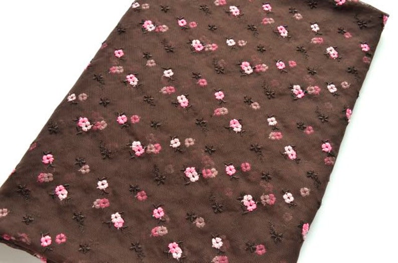 Brown Rose Embroidered Stretch Tulle Fabric Brown Pink Floral Tulle