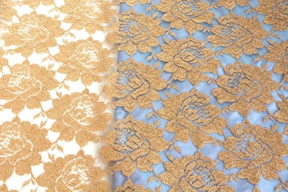 Sparkly Gold Fabric, Gold Holiday Fabric, Gold Wedding Table Cloth, Christmas Decoration, Golden Roses