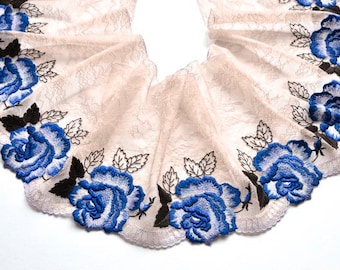 Royal Blue Roses Chantilly Lace Trim, Midnight Blue, Lapis Blue Lace, Embroidered Flowers Lace Trim, Fancy Blue Trim, Ballgown, Lace Decor