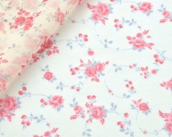May include: White fabric with a delicate pink floral pattern. The fabric features small pink roses with light grey stems and leaves.
