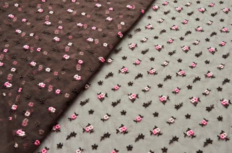 Brown Rose Embroidered Stretch Tulle Fabric Brown Pink Floral Tulle