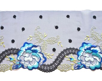 Blue Floral Lace Trim, Dark Blue Polka Dot Lace, Blue Flower Trim, Blue Floral Lingerie, Dolls, Lace Crafts, Lace Decor